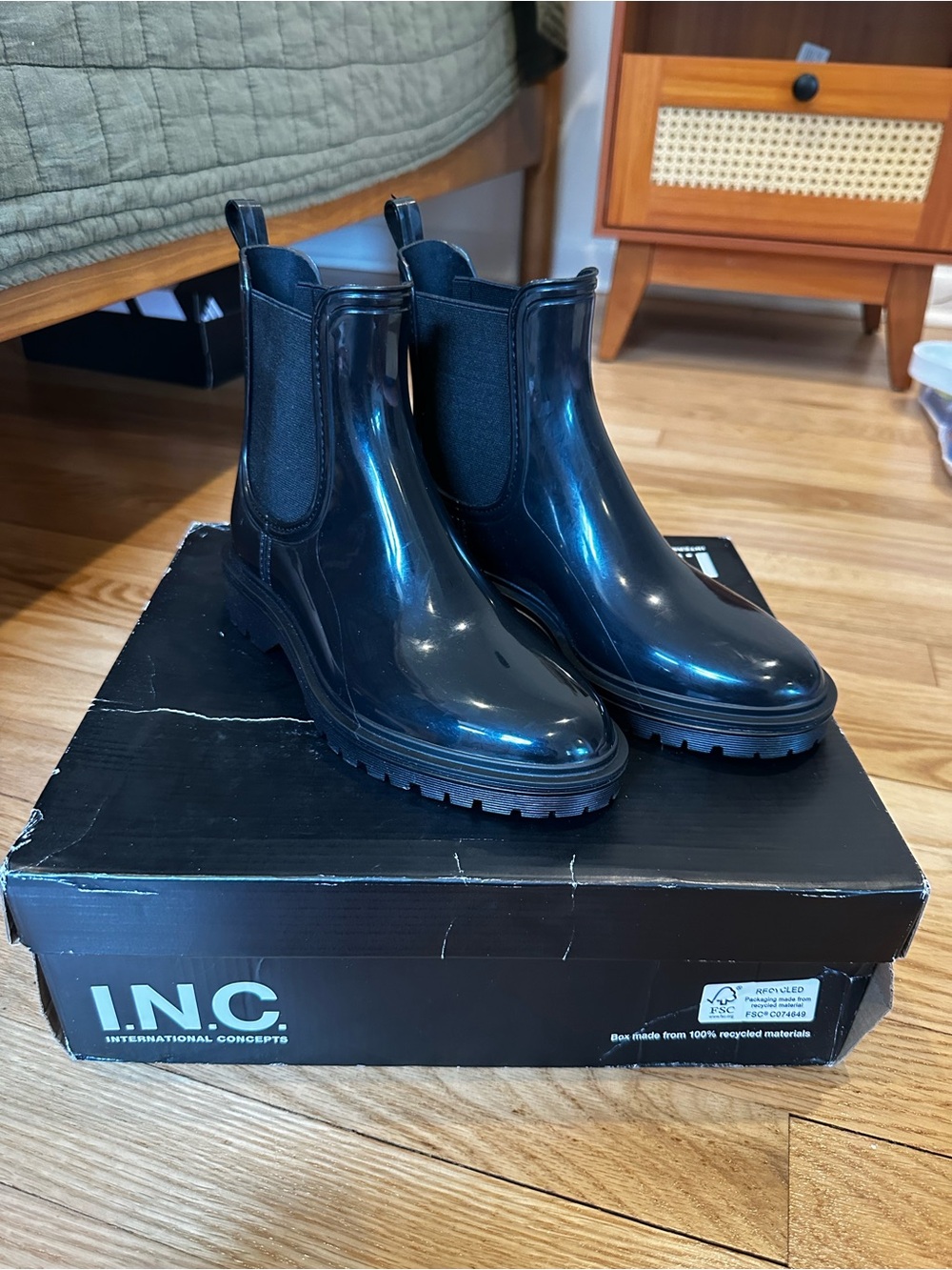 I.N.C. Black Chelsea Rain Boots - Glossy Rubber